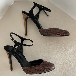Charles & Keith Faux Snakeskin Black Ankle Strap Heels. Size 7.